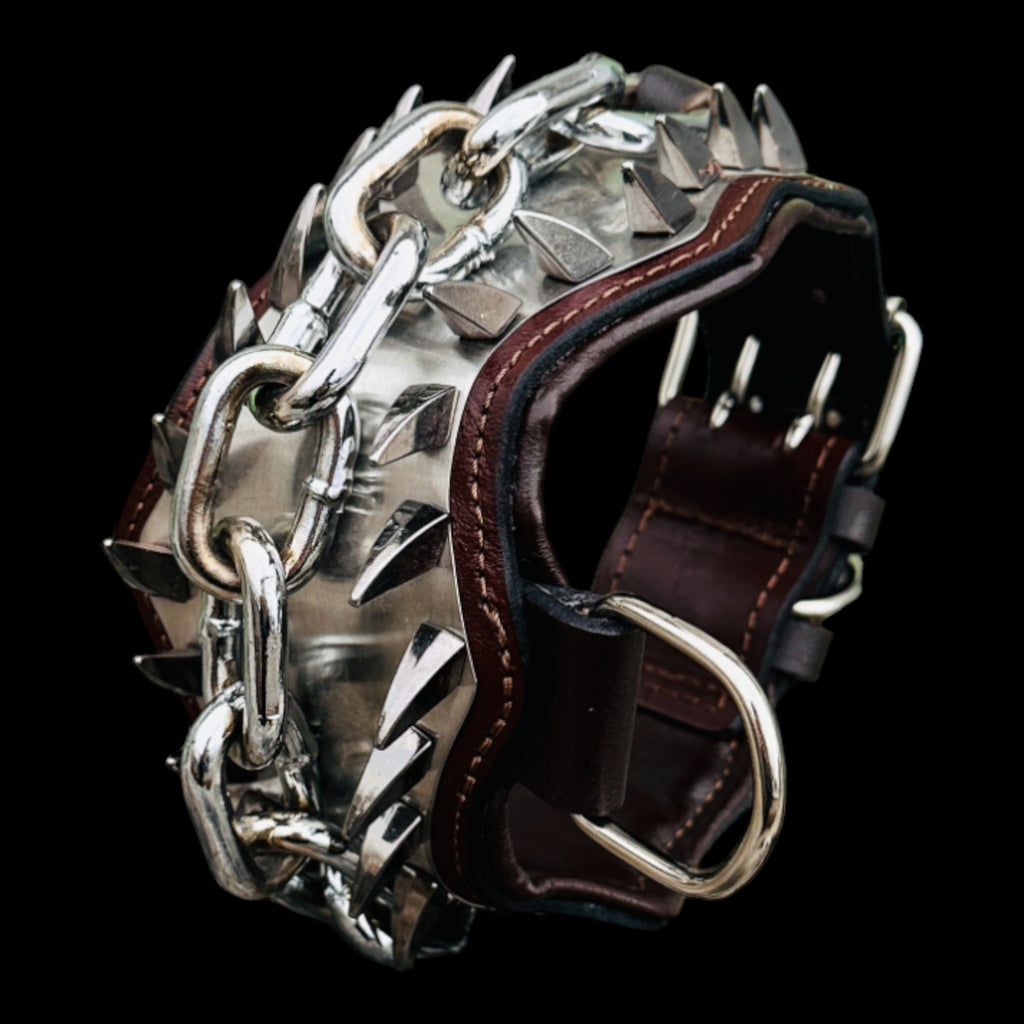 Heavy duty chrome chain dog collar handmade from leather.