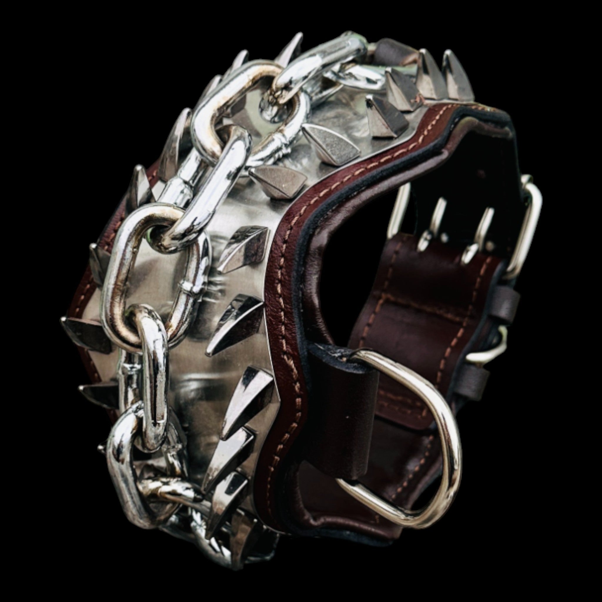 Heavy duty chrome chain dog collar handmade from leather.