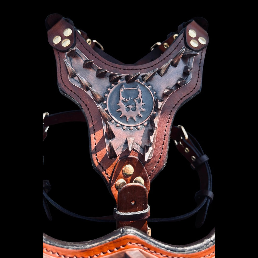 Handmade Copper Dog Collar & Harness Set – Personalized Spiked Leather Set for Large Dogs