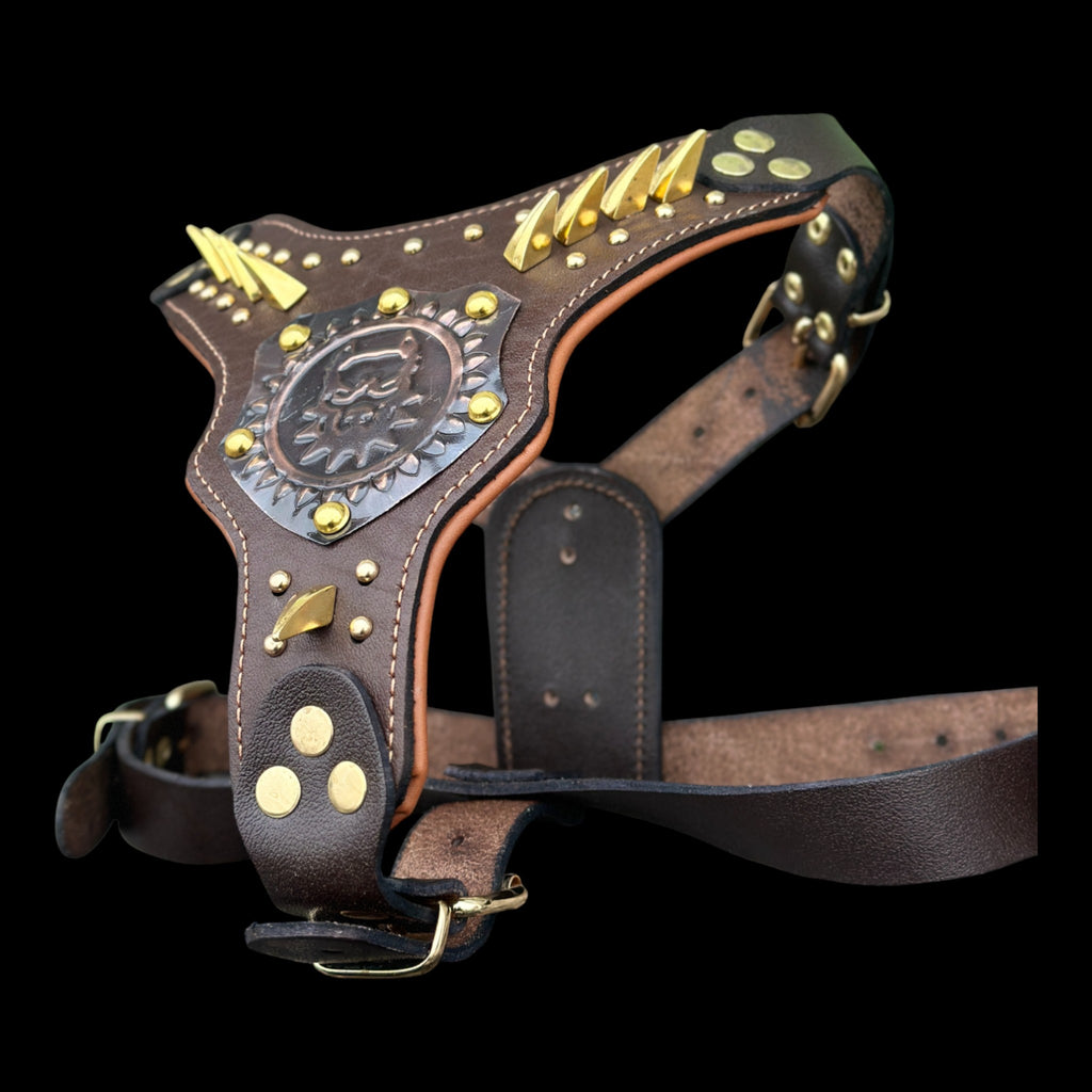Brown Leather Dog Harness with Copper Engraved Logo & Gold Spikes – Handmade Chest Harness for Large Breeds