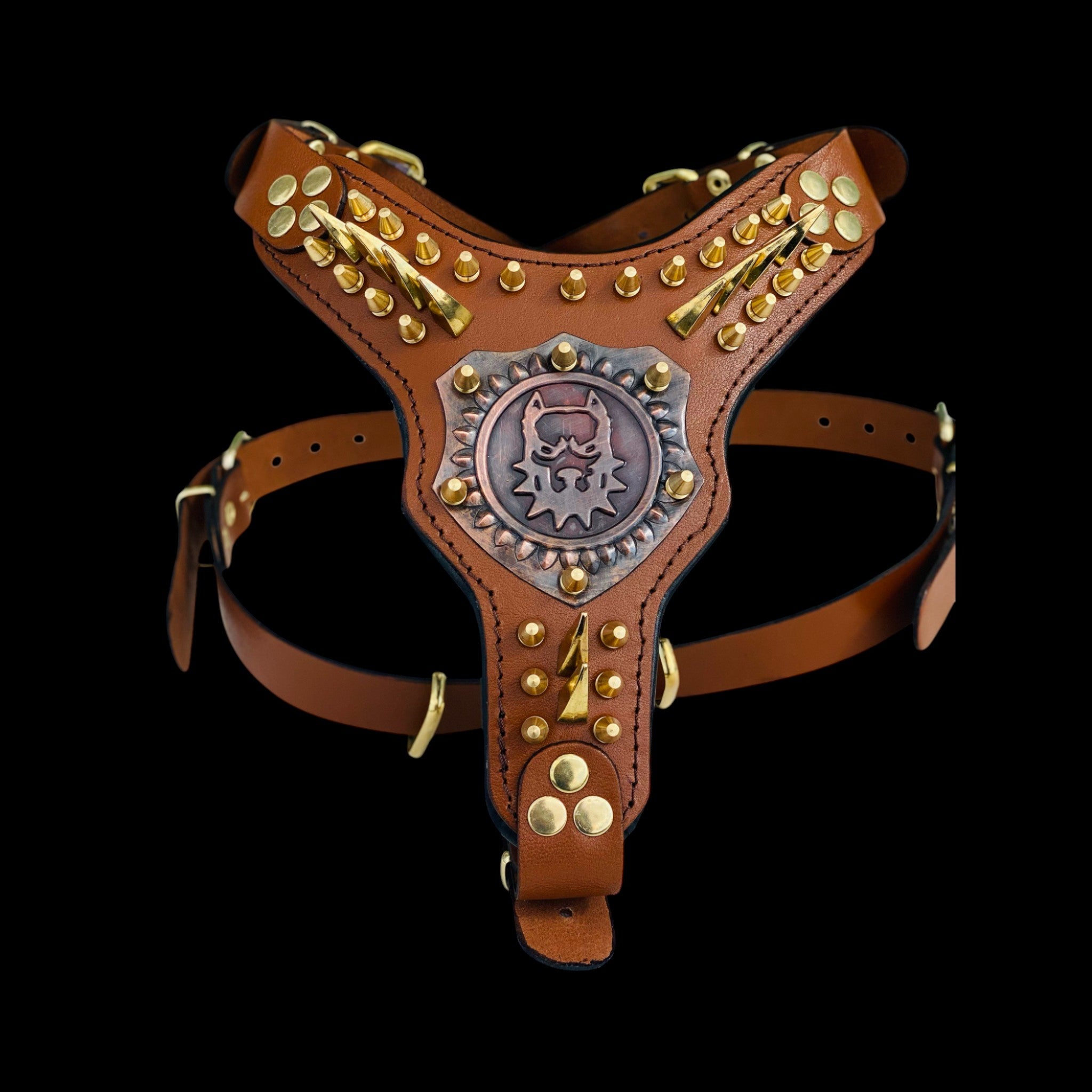 Handmade leather dog harness with copper engraved logo