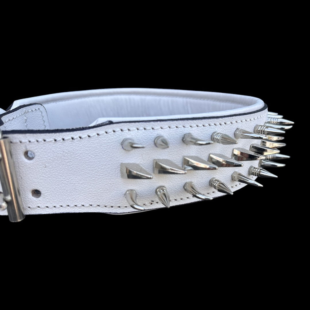 White Leather Spiked Dog Collar – Handmade Wide Collar with Silver Hardware