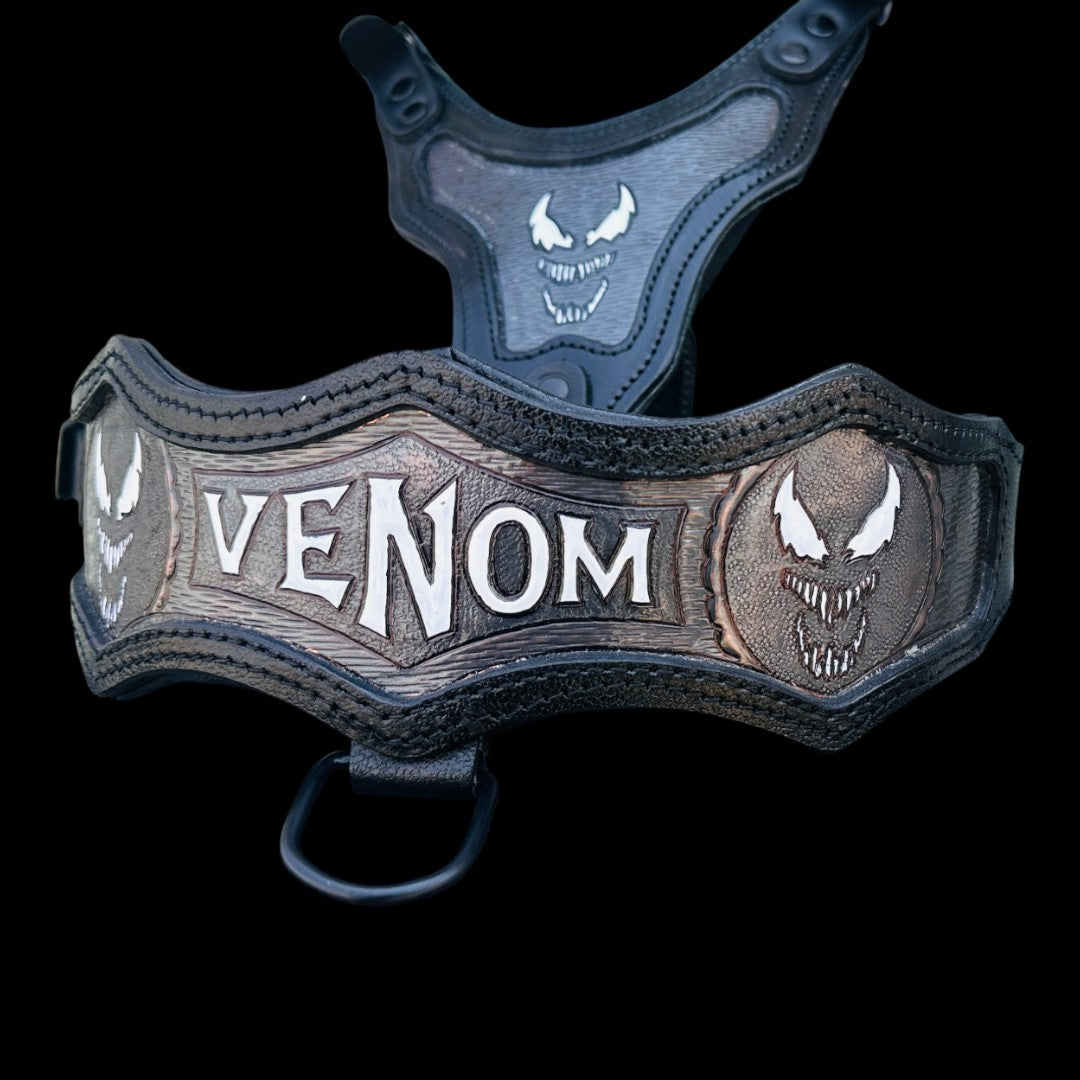 Asymmetric Copper Engraved Leather Dog Collar&Harness Set – Handmade Wide Collar Set