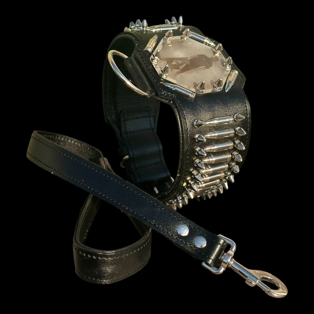 Handmade black leather dog collar with laser engraving and spikes