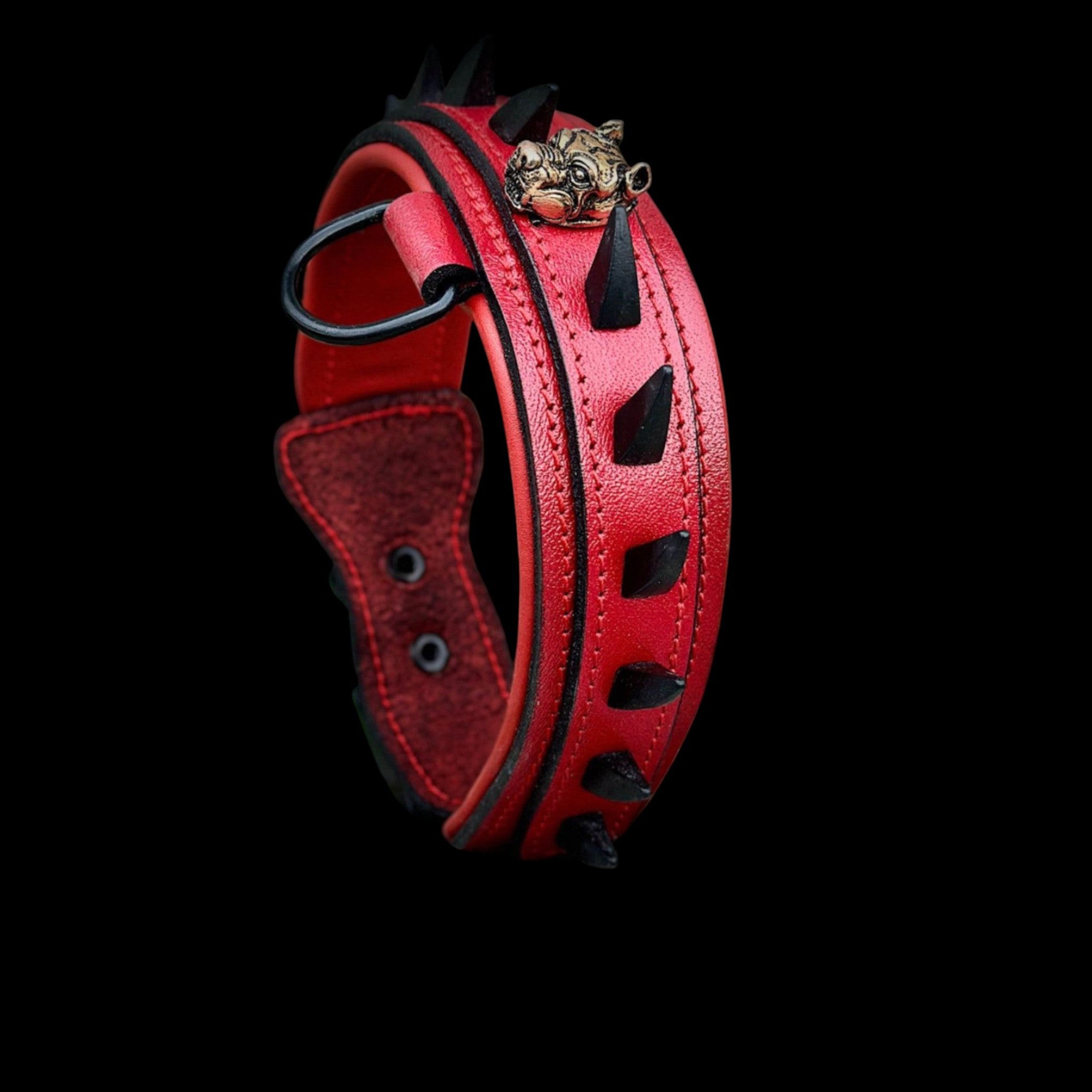 Handcrafted Red Leather Dog Collar – Bully Head Design, Spiked 4cm Wide Strong Collar for Cane Corso, Rottweiler, Doberman, Kangal, American Bully