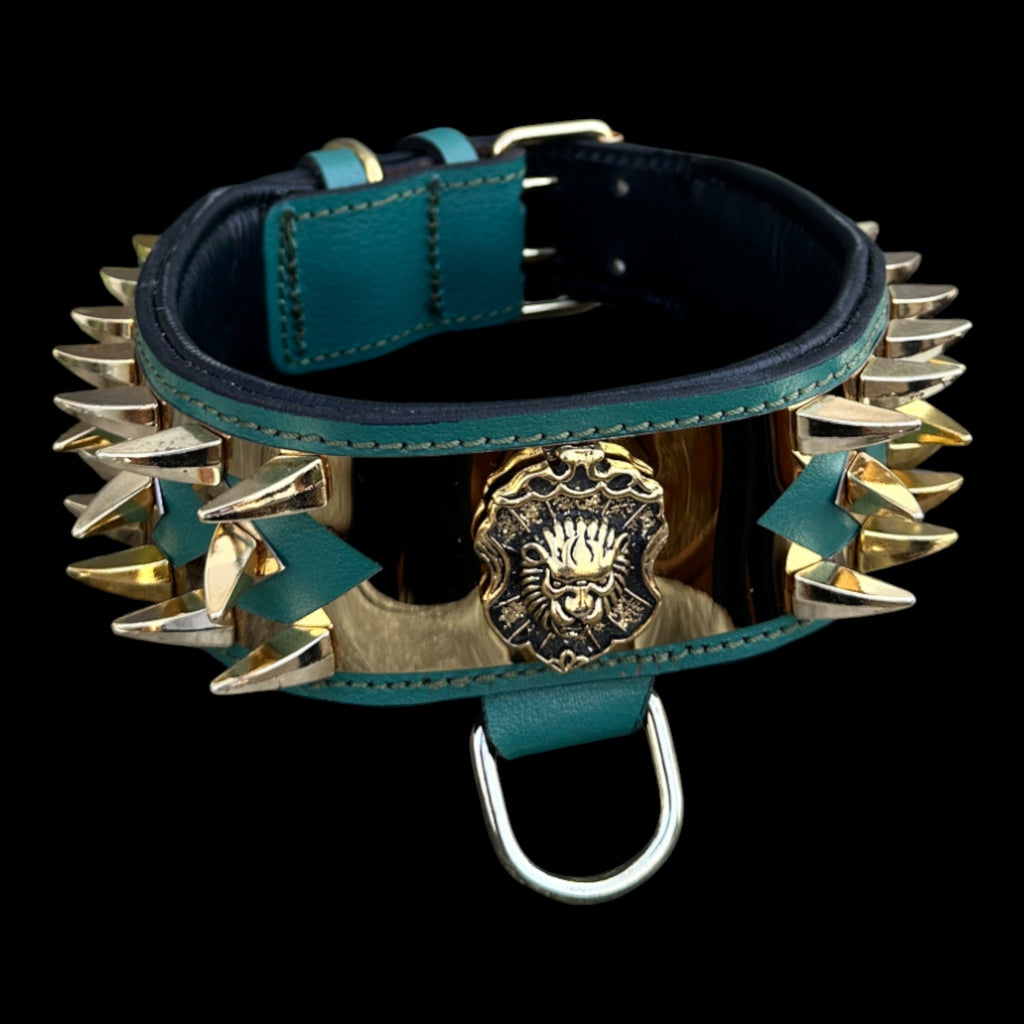 A&C Dog Collars emerald green lion emblem handmade collar