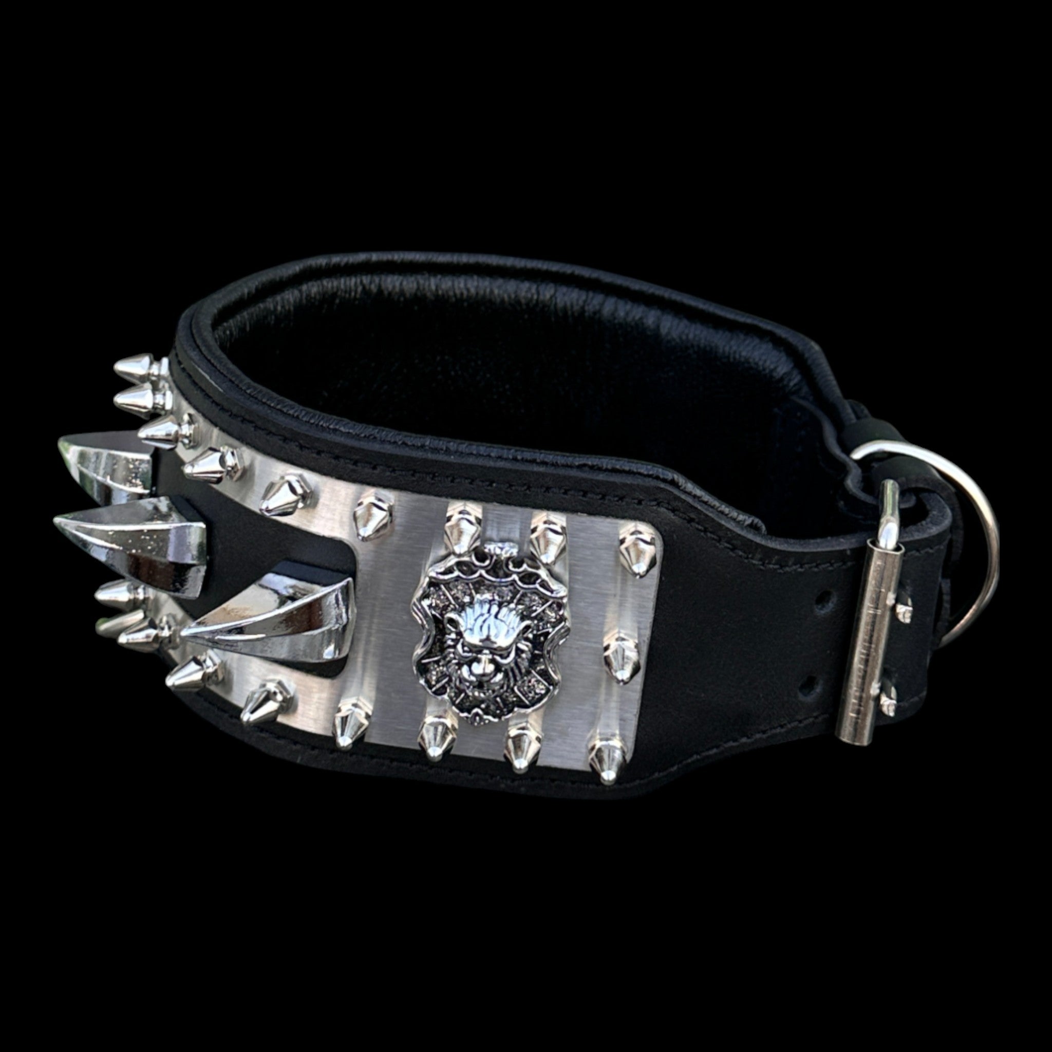 Black buffalo leather dog collar with stainless-steel plate