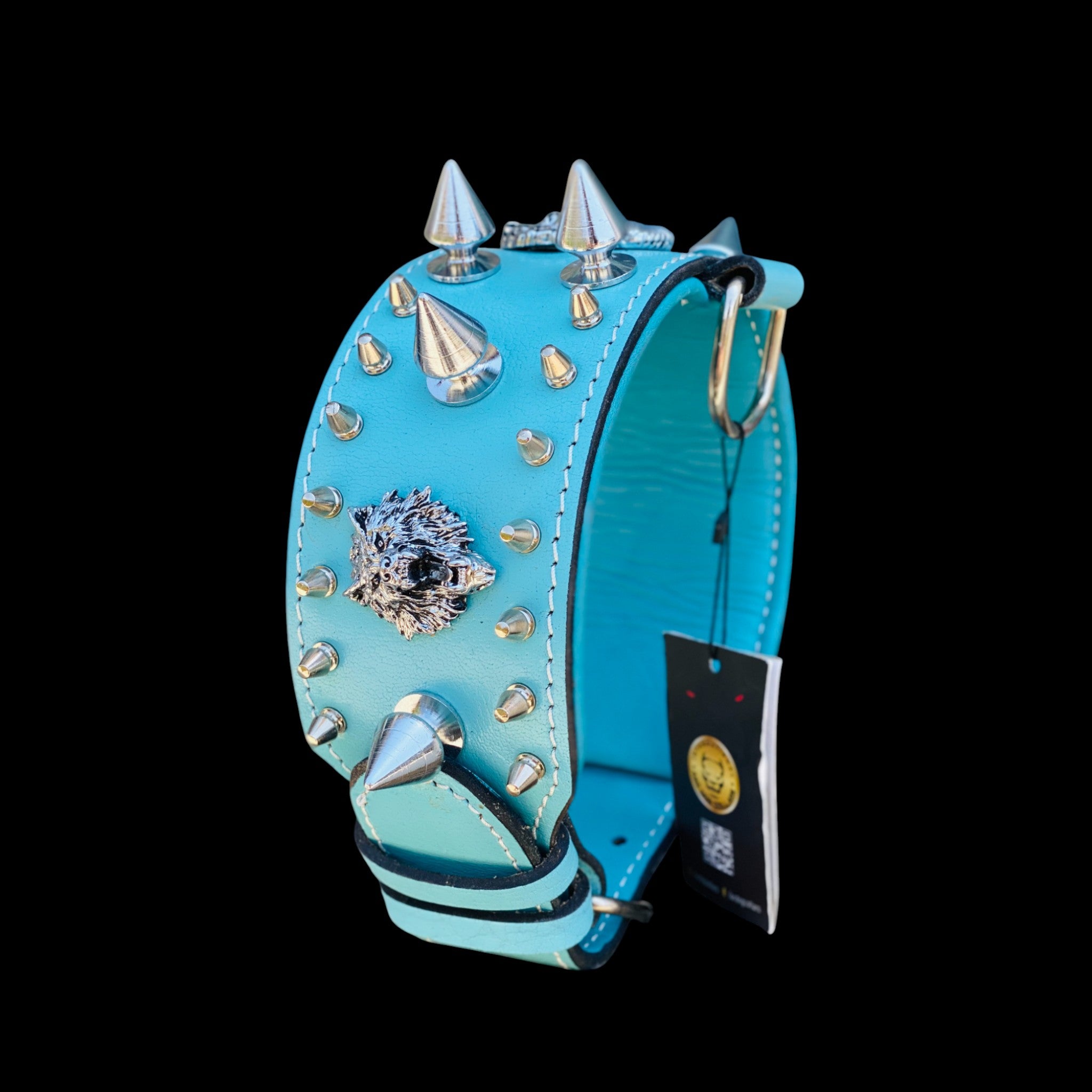 Handcrafted Turquoise Leather Dog Collar – Lion Head Design with Silver Spikes, Wide Strong Collar for Cane Corso, Rottweiler, Doberman, Kangal, American Bully