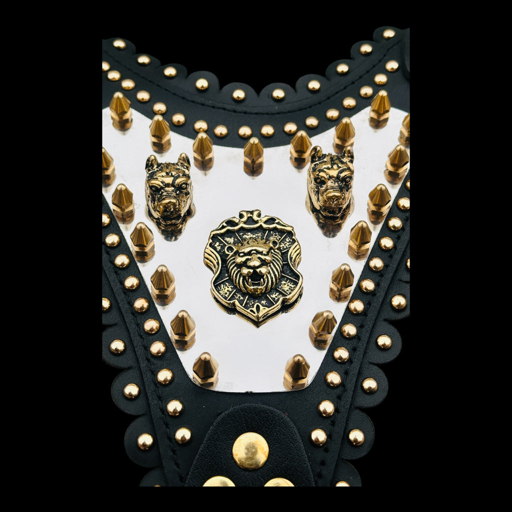 Luxury Handmade Dog Harness with Bully Head & Lion Logo – Black Leather, Gold Spikes, Heavy Duty for Large Breeds