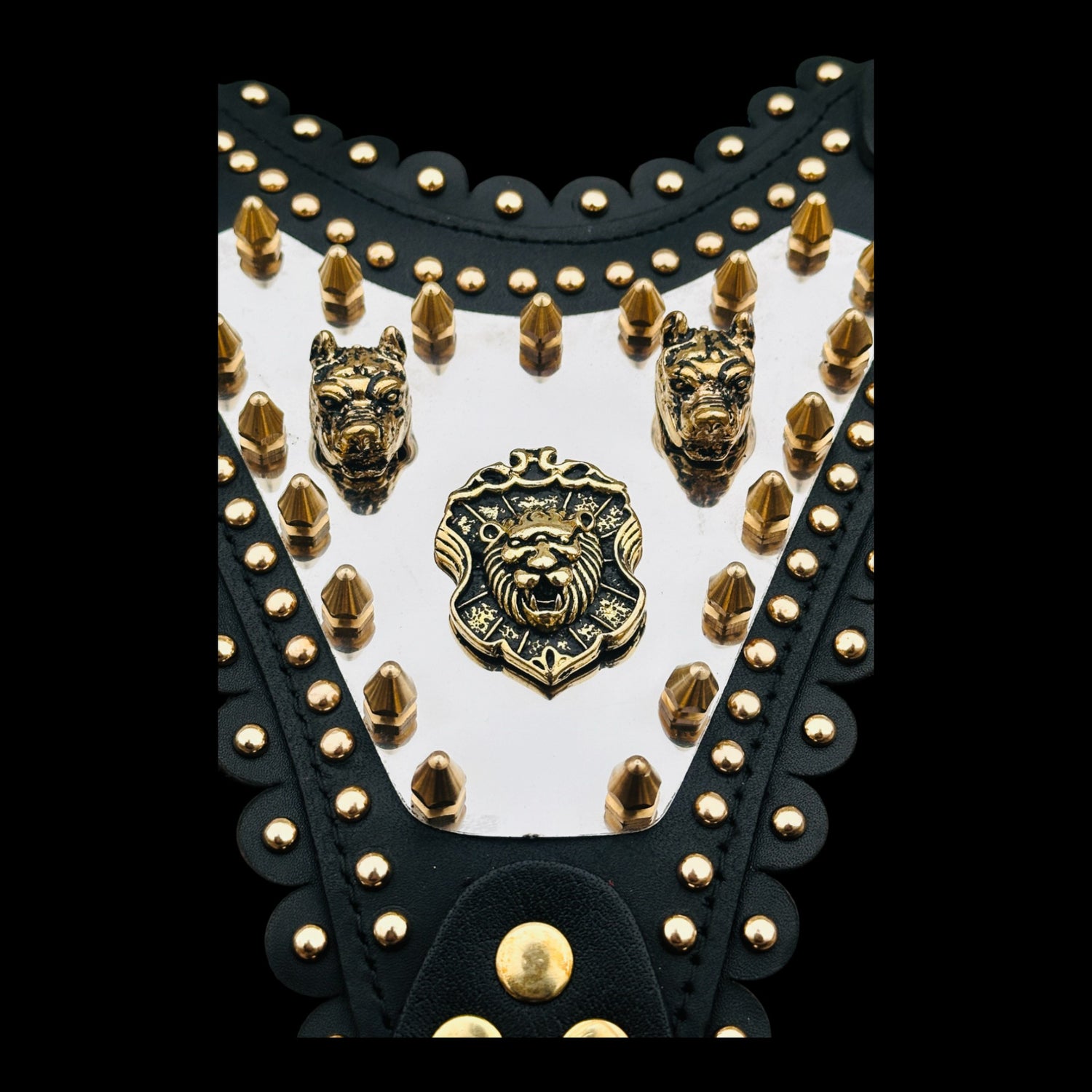 Luxury Handmade Dog Harness with Bully Head & Lion Logo – Black Leather, Gold Spikes, Heavy Duty for Large Breeds - A&C Dog Collars