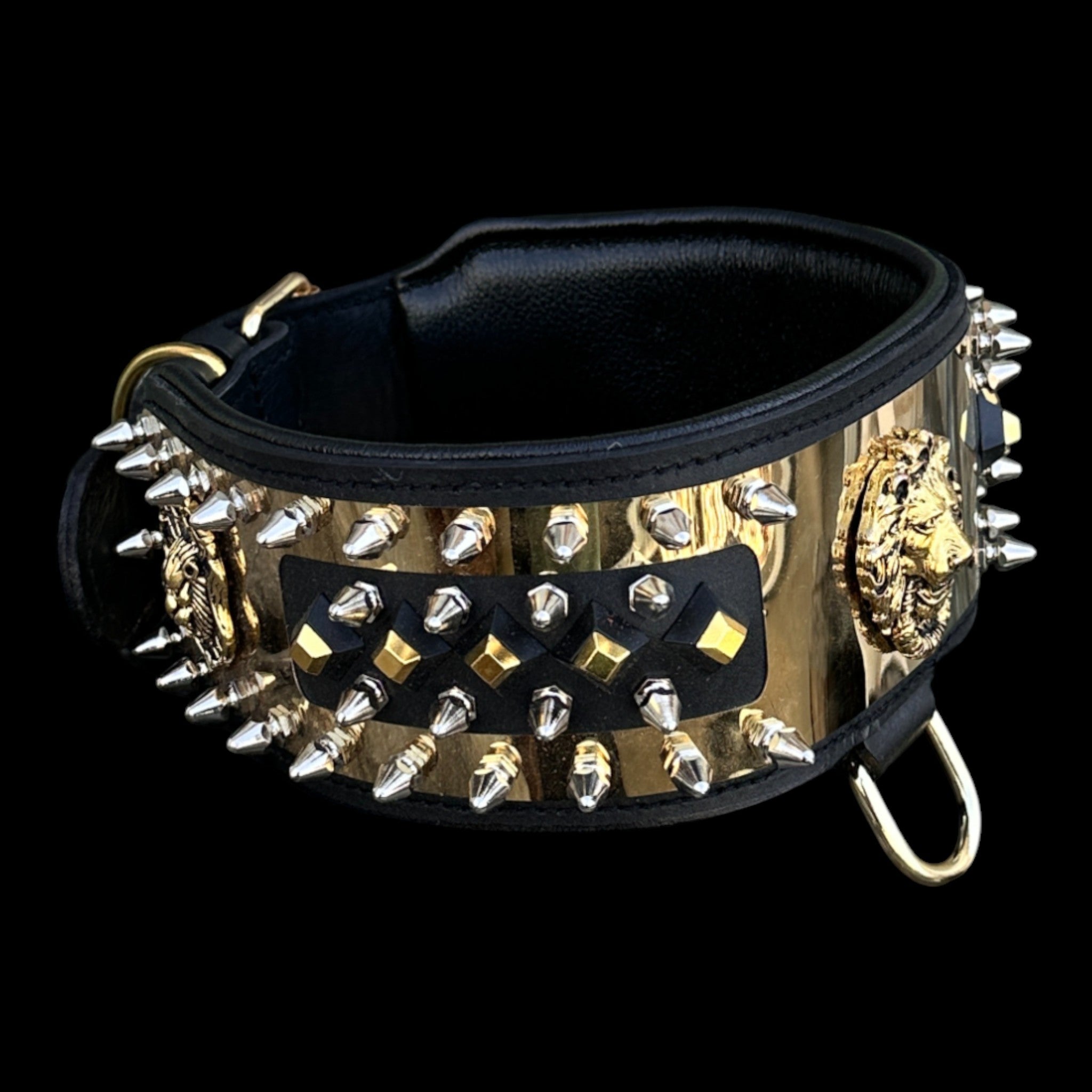 Thick black leather dog collar with lion emblem and gold plate.