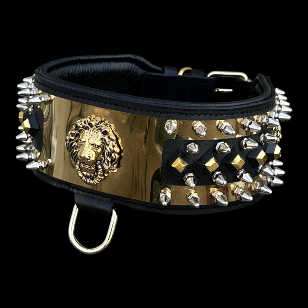 Wide heavy-duty spiked dog collar for large breeds.