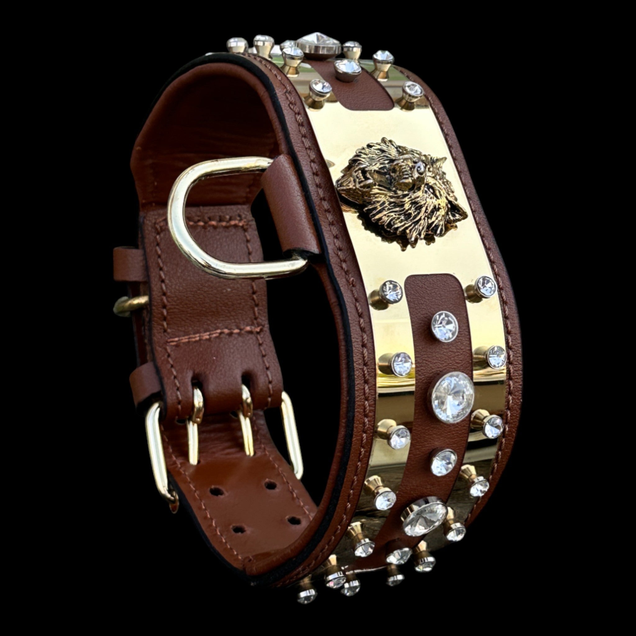 6 cm (2.36 inch) gold wolf logo dog collar with crystals