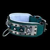 A&C Dog Collars handmade lion logo collar with emerald stones