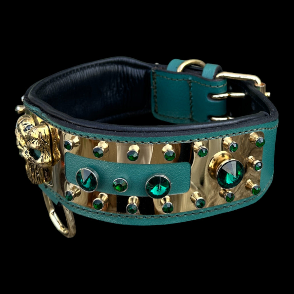 2.36 inch wide stainless-steel dog collar with green crystals