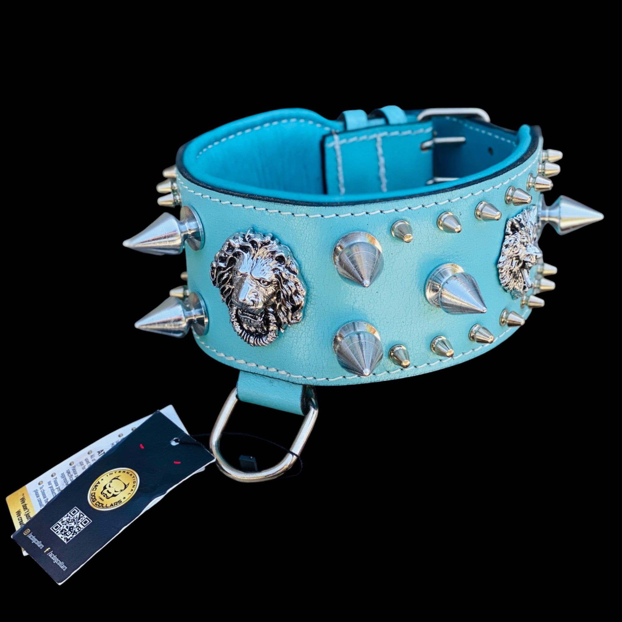 Handcrafted Turquoise Leather Dog Collar – Lion Head Design with Silver Spikes, Wide Strong Collar for Cane Corso, Rottweiler, Doberman, Kangal, American Bully