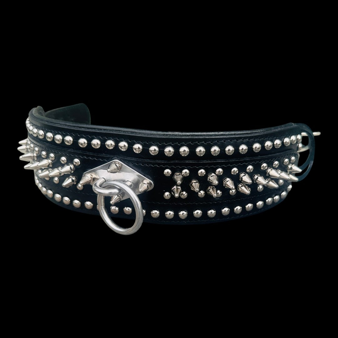 Black Leather Dog Collar, Harness & Leash Set – Handmade Spiked Large Breed Set
