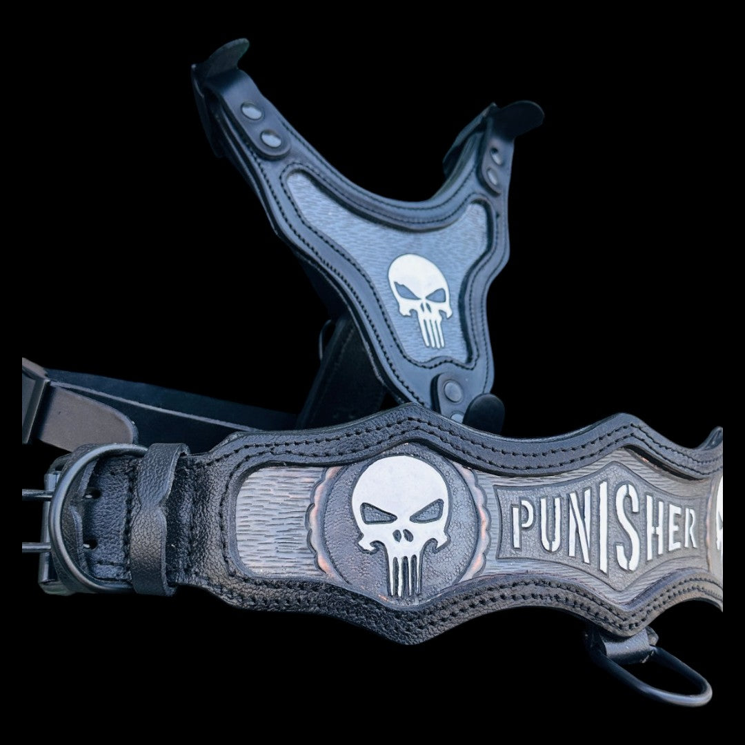 Handmade Skull Leather Dog Collar & Harness Set – Black Custom Dog Set