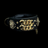 Handcrafted Black Leather Dog Collar – Lion Head Design with Gold Chains, Wide Strong Collar for Cane Corso, Rottweiler, Doberman, Kangal, American Bully - A&C Dog Collars