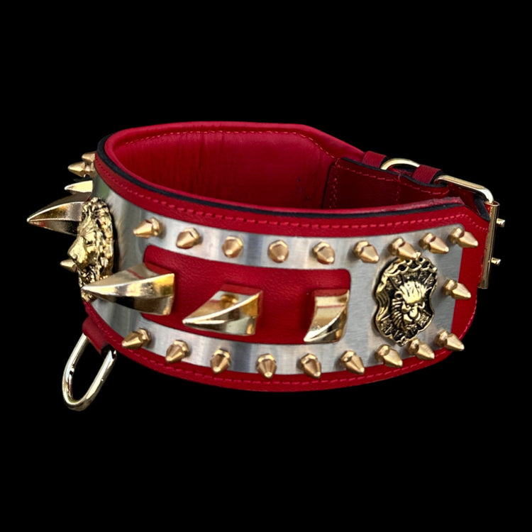 3.15 inch wide custom dog collar with lion logo plate.
