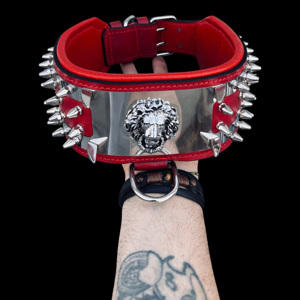 Lion Head Stainless Steel Dog Collar – Red Leather Wide Spiked Collar for Large Dogs