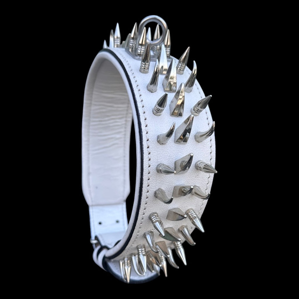 White Leather Spiked Dog Collar – Handmade Wide Collar with Silver Hardware