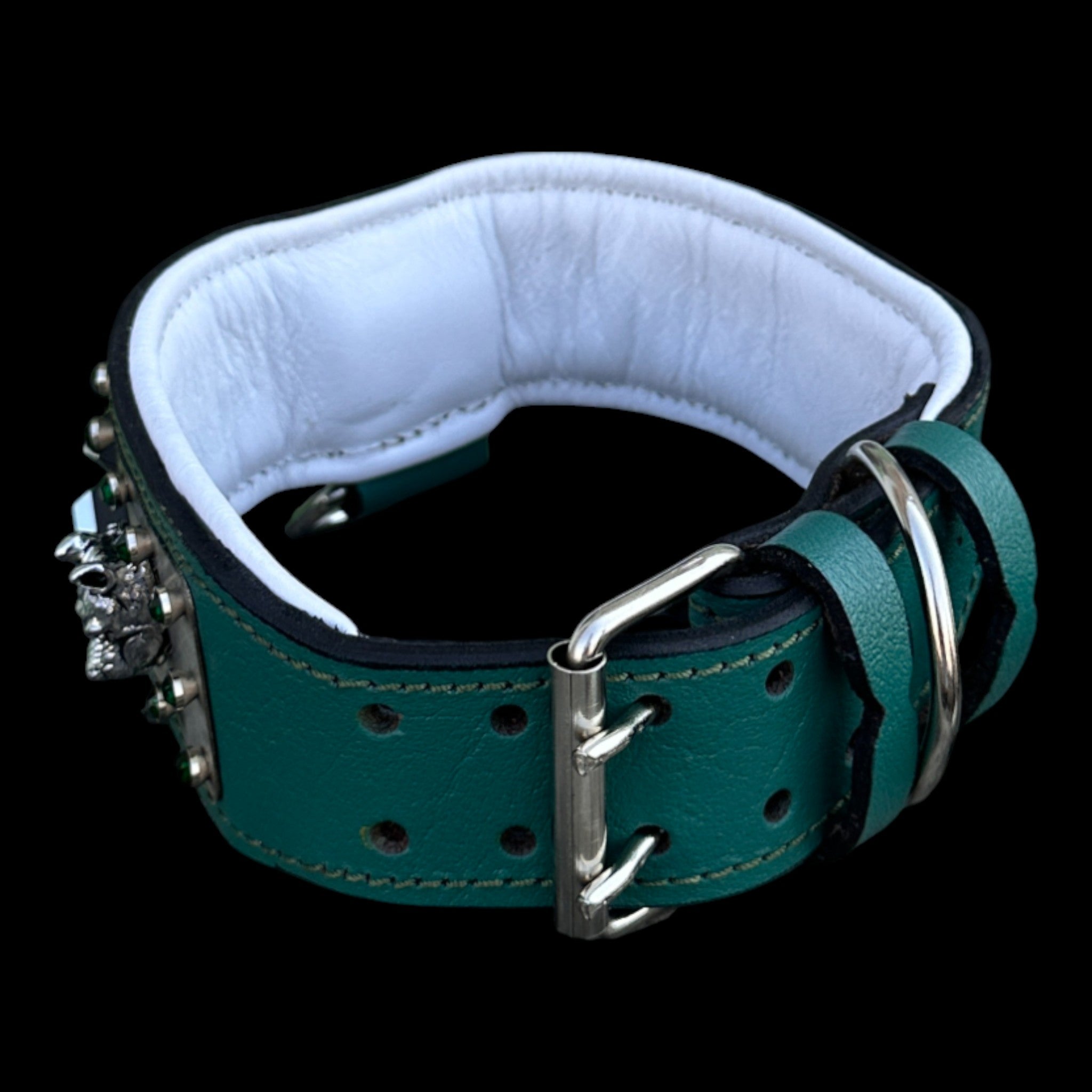 Premium buffalo leather collar with green crystals and studs