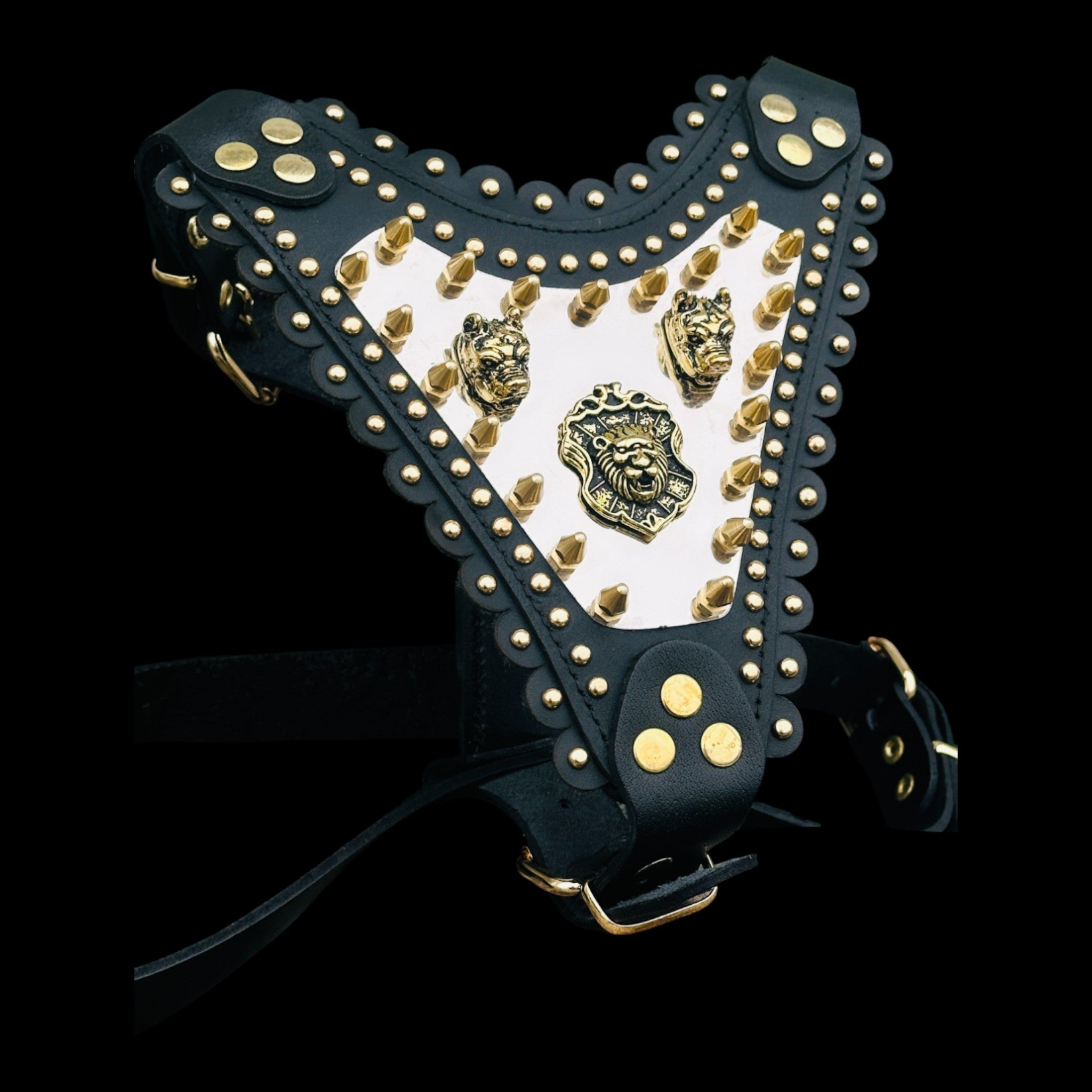 Luxury Handmade Dog Harness with Bully Head & Lion Logo – Black Leather, Gold Spikes, Heavy Duty for Large Breeds