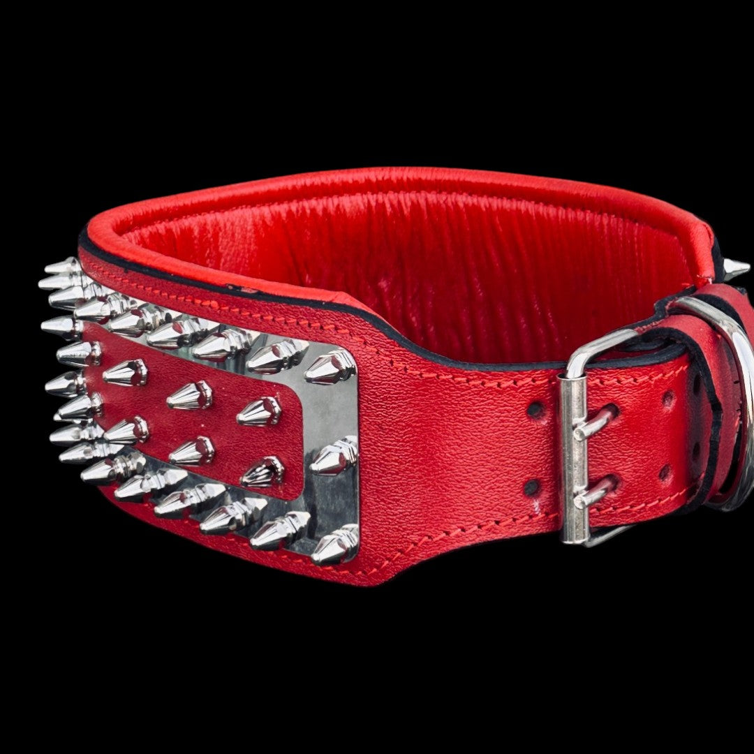 Lion Head Stainless Steel Dog Collar – Red Leather Wide Spiked Collar for Large Dogs