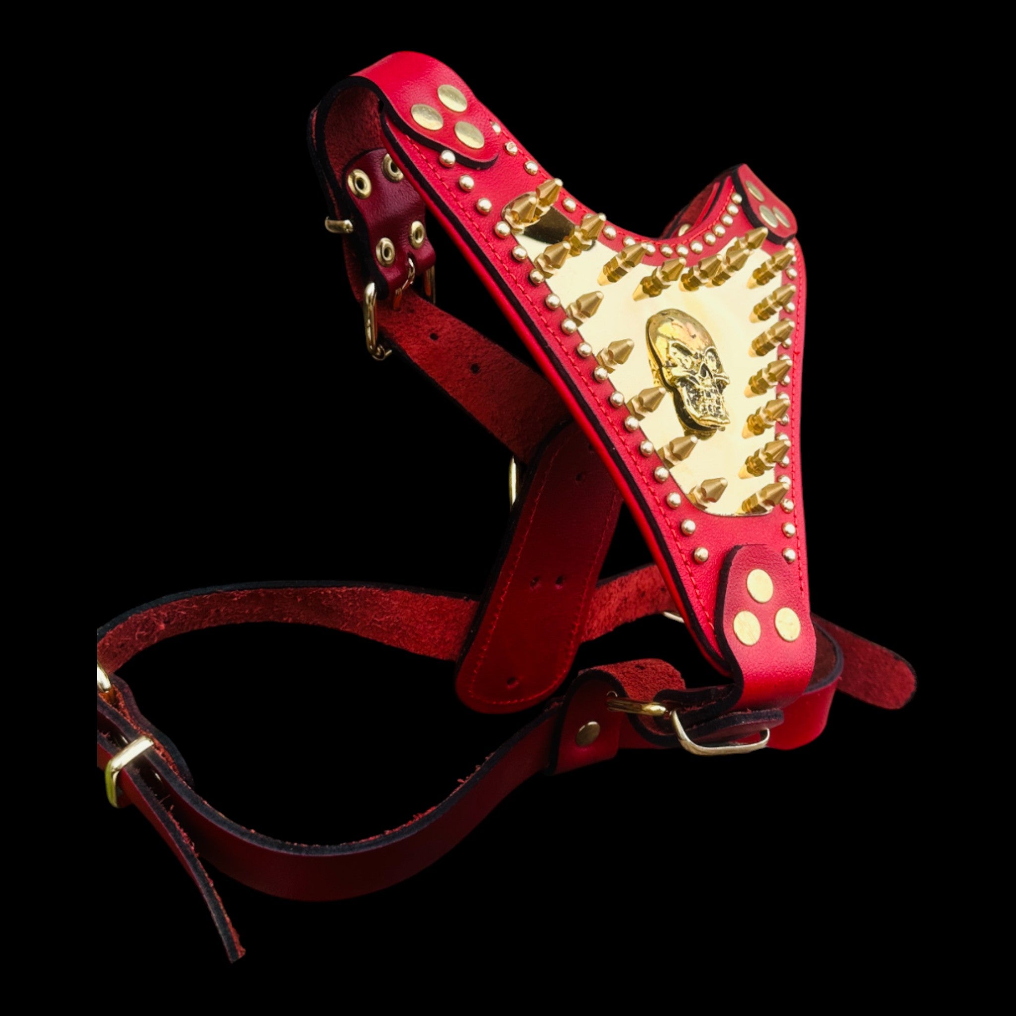 Luxury dog harness with gold steel plate and skull emblem