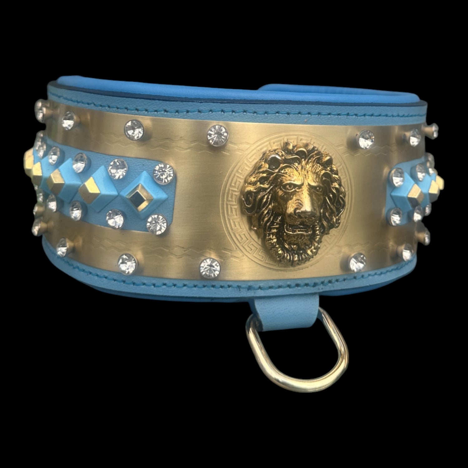 Crystal-decorated buffalo leather collar handmade.