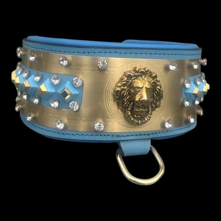 Crystal-decorated buffalo leather collar handmade.
