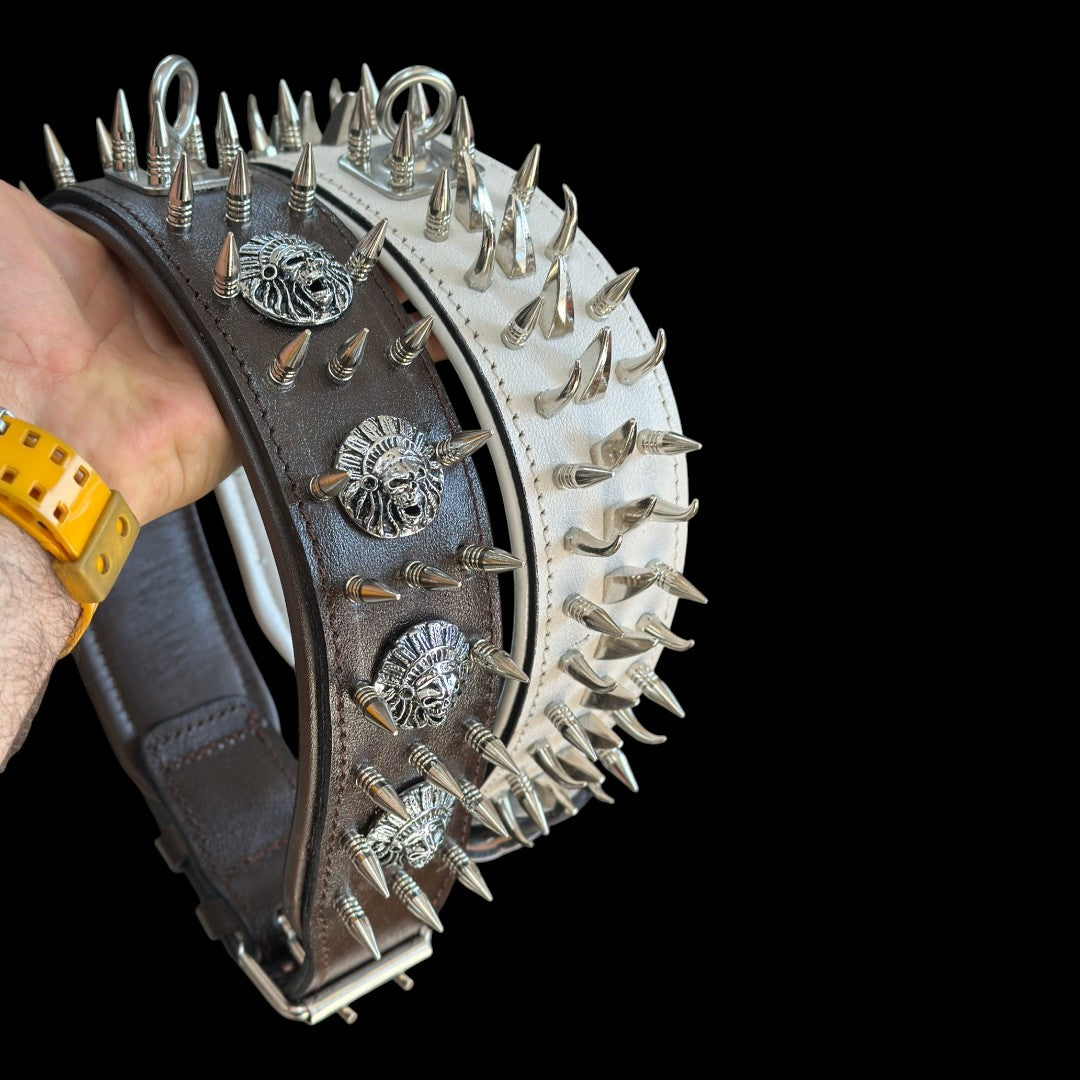 White Leather Spiked Dog Collar – Handmade Wide Collar with Silver Hardware