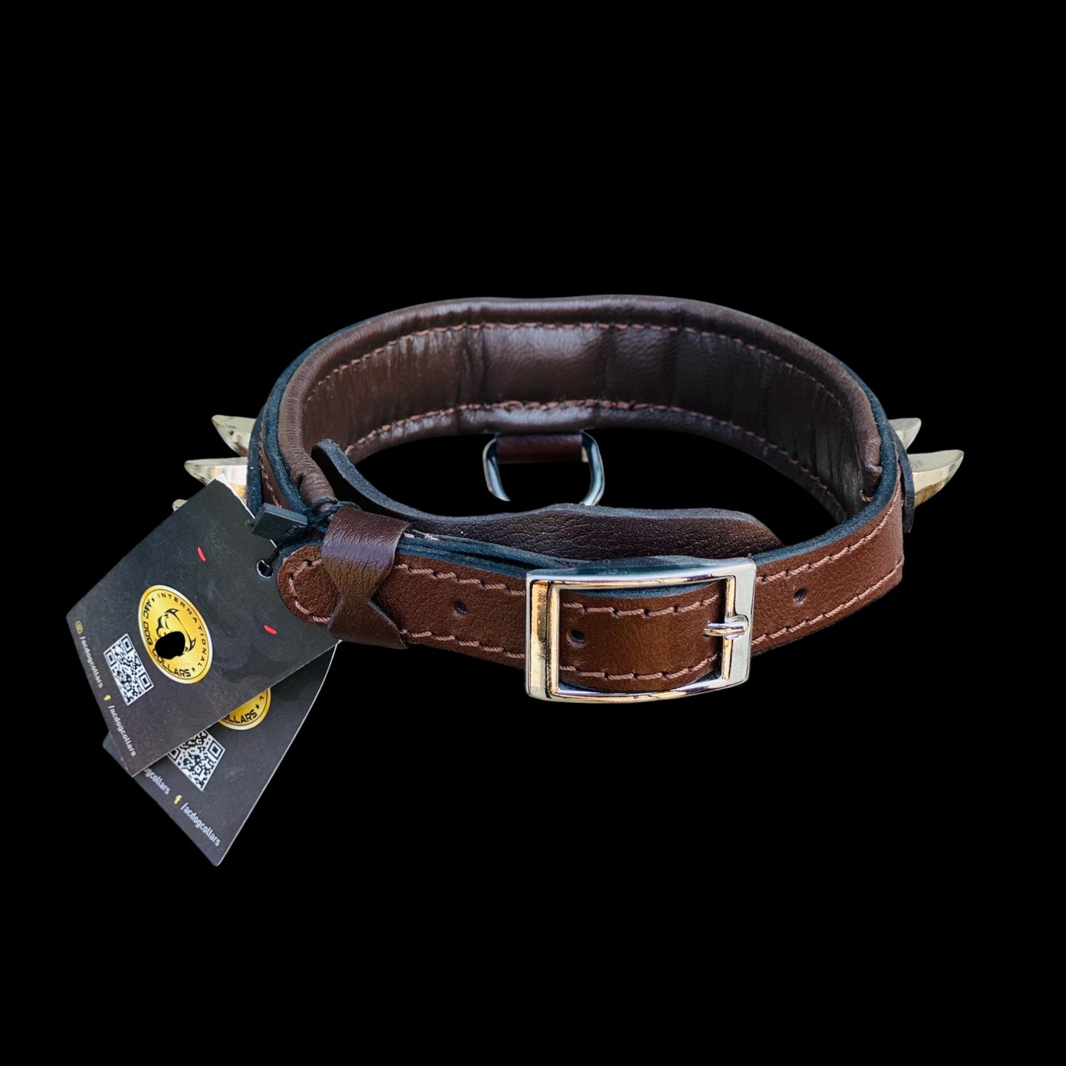 Luxury lion logo dog collar 4cm wide, brown leather with ivory spikes and gold details – durable design for large breeds like Cane Corso, Rottweiler, Kangal, American Bully