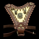 Luxury Handmade Brown Leather Dog Chest Harness with Gold Steel Plate, Bully Head & Lion Logo – Perfect for Cane Corso, Rottweiler, Kangal, Doberman, Bully, Malinois & Large Breeds - A&C Dog Collars
