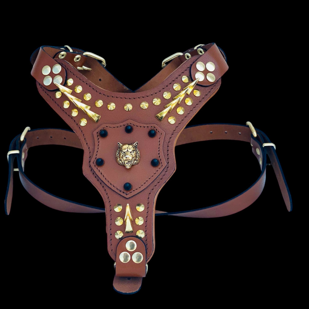 Handmade spiked leather dog harness with gold lion logo for American Bully