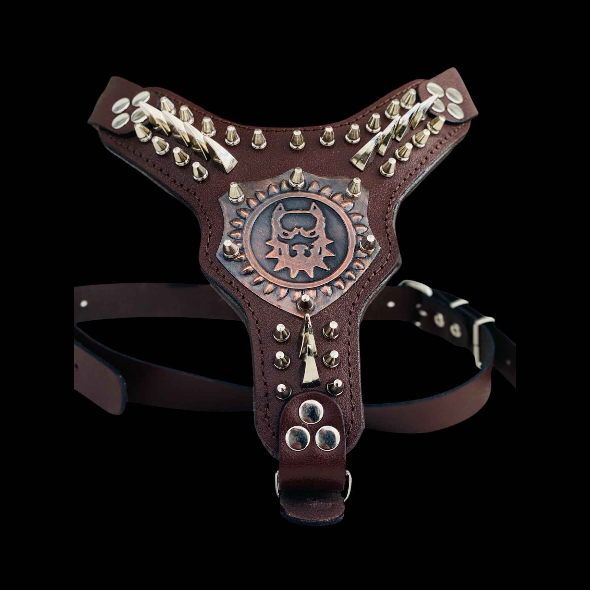 Brown leather dog harness with copper engraved logo and gold spikes