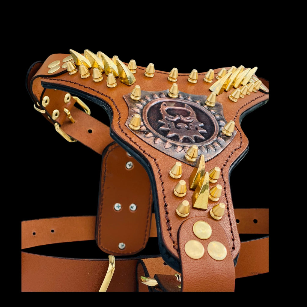 Brown leather harness with copper logo for Cane Corso