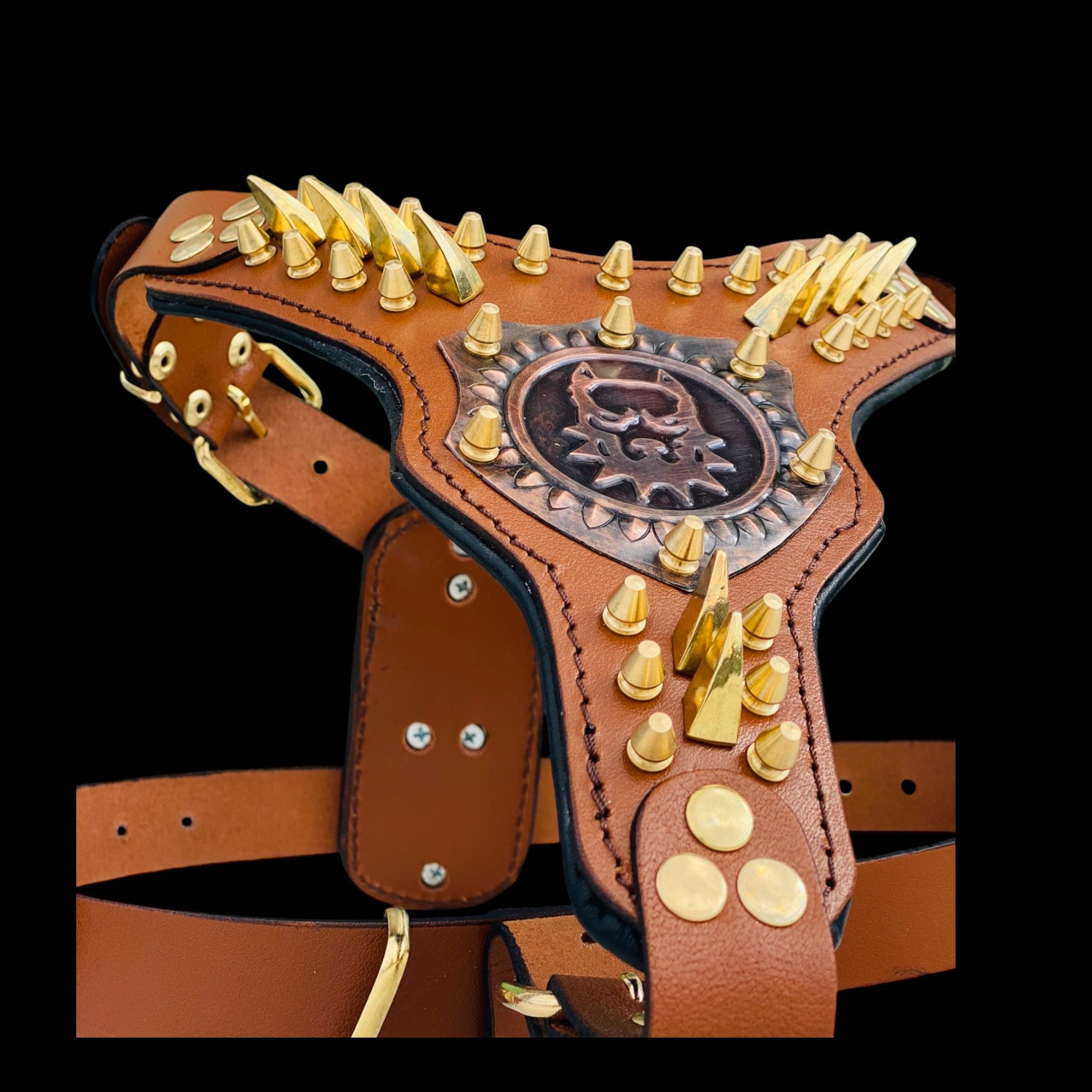 Brown leather harness with copper logo for Cane Corso