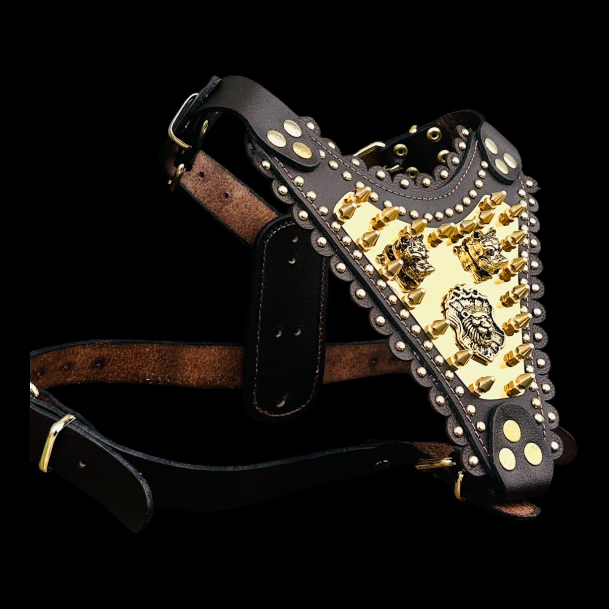 Strong dog harness with bully head emblem and golden spikes