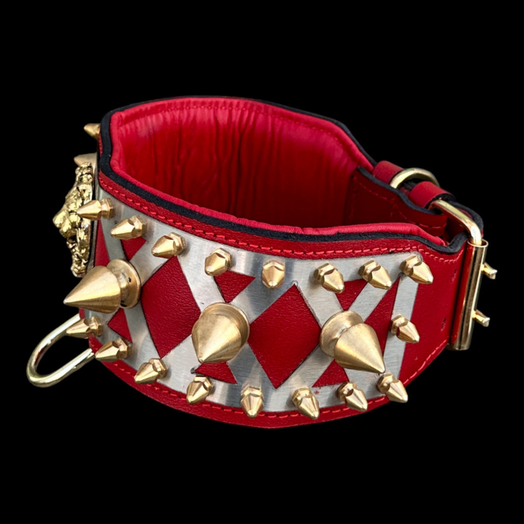 Red and gold leather dog collar for Cane Corso