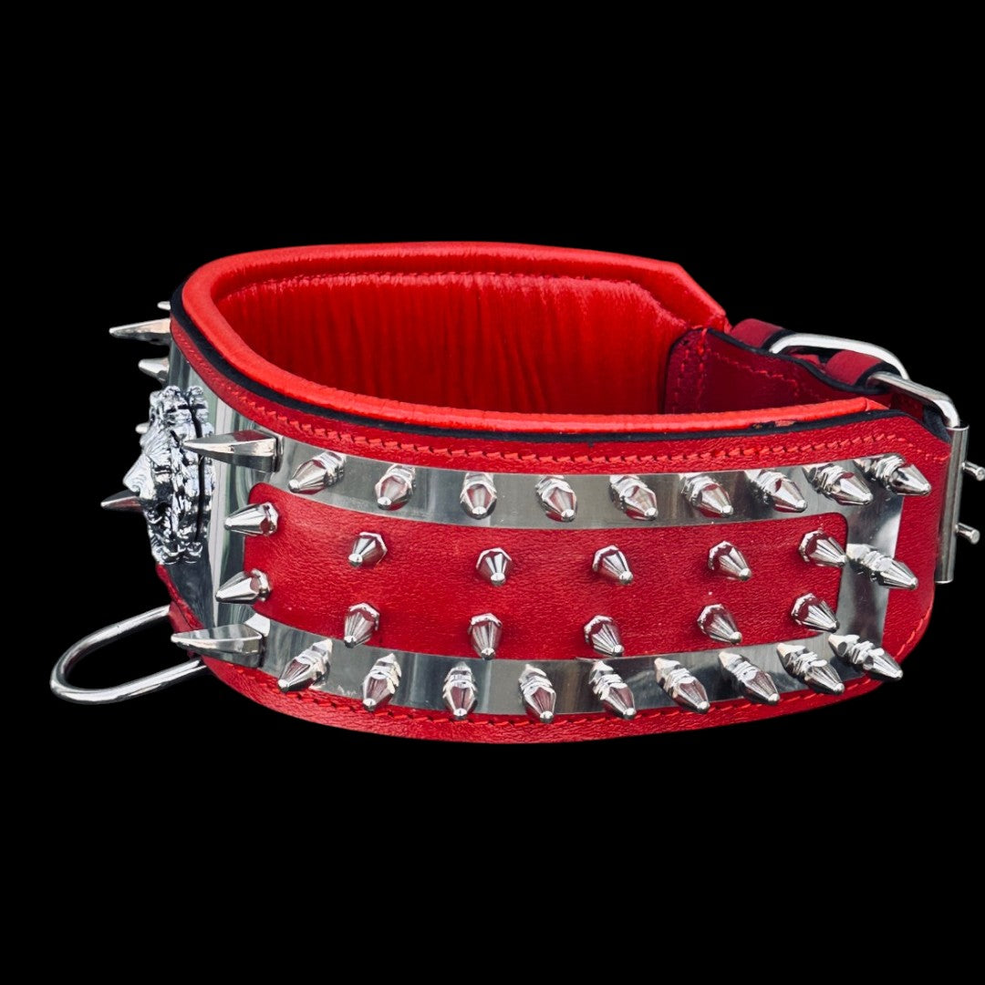 Lion Head Stainless Steel Dog Collar – Red Leather Wide Spiked Collar for Large Dogs