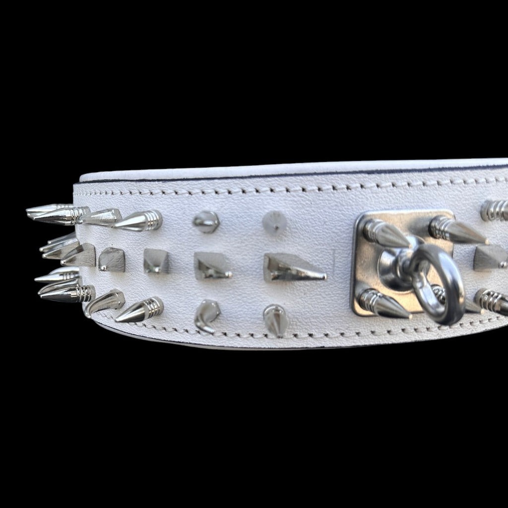 White Leather Spiked Dog Collar – Handmade Wide Collar with Silver Hardware