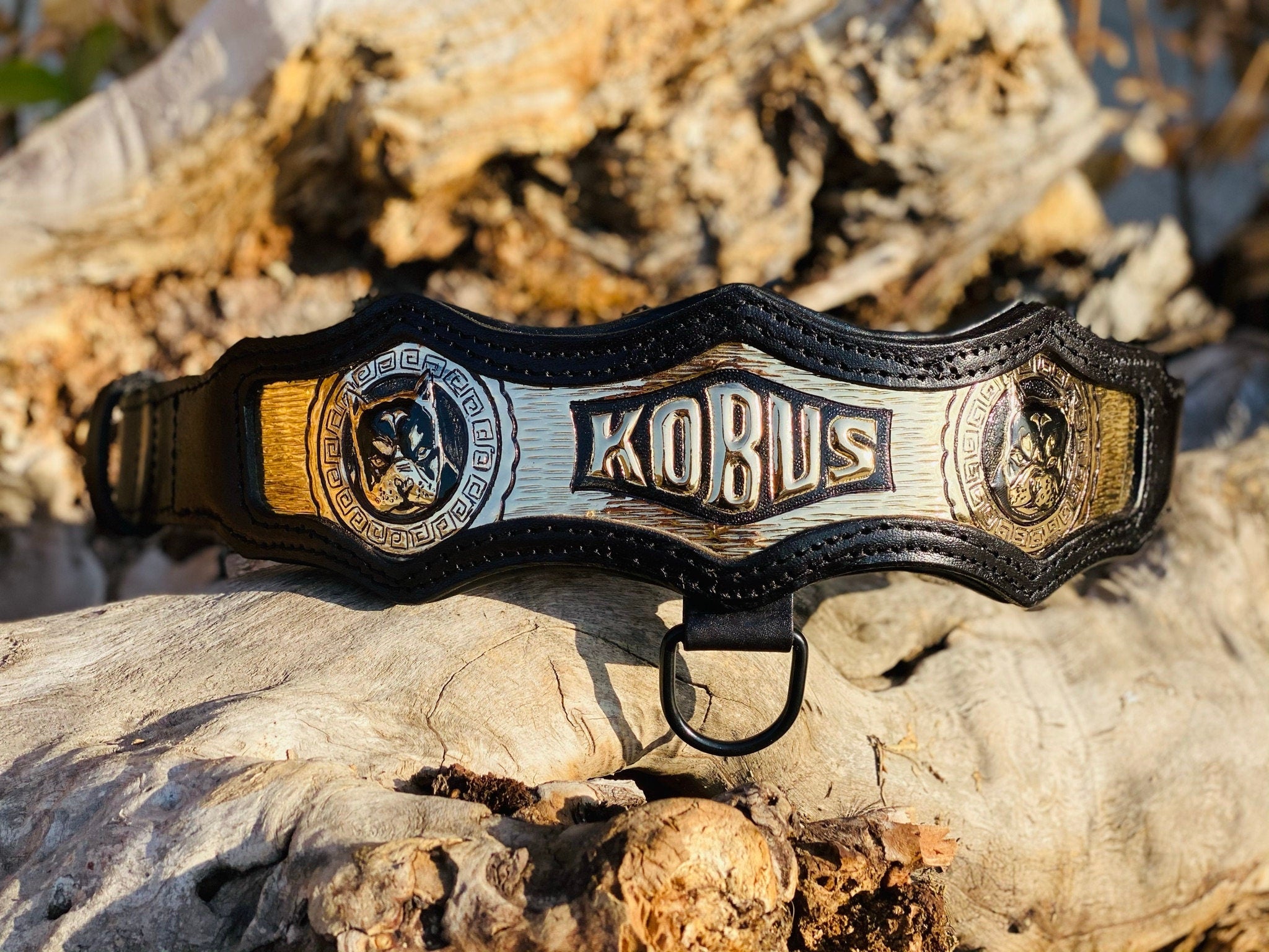 Custom Leather Dog Collar: Copper Inlay, Personalized Name, Mythic Design