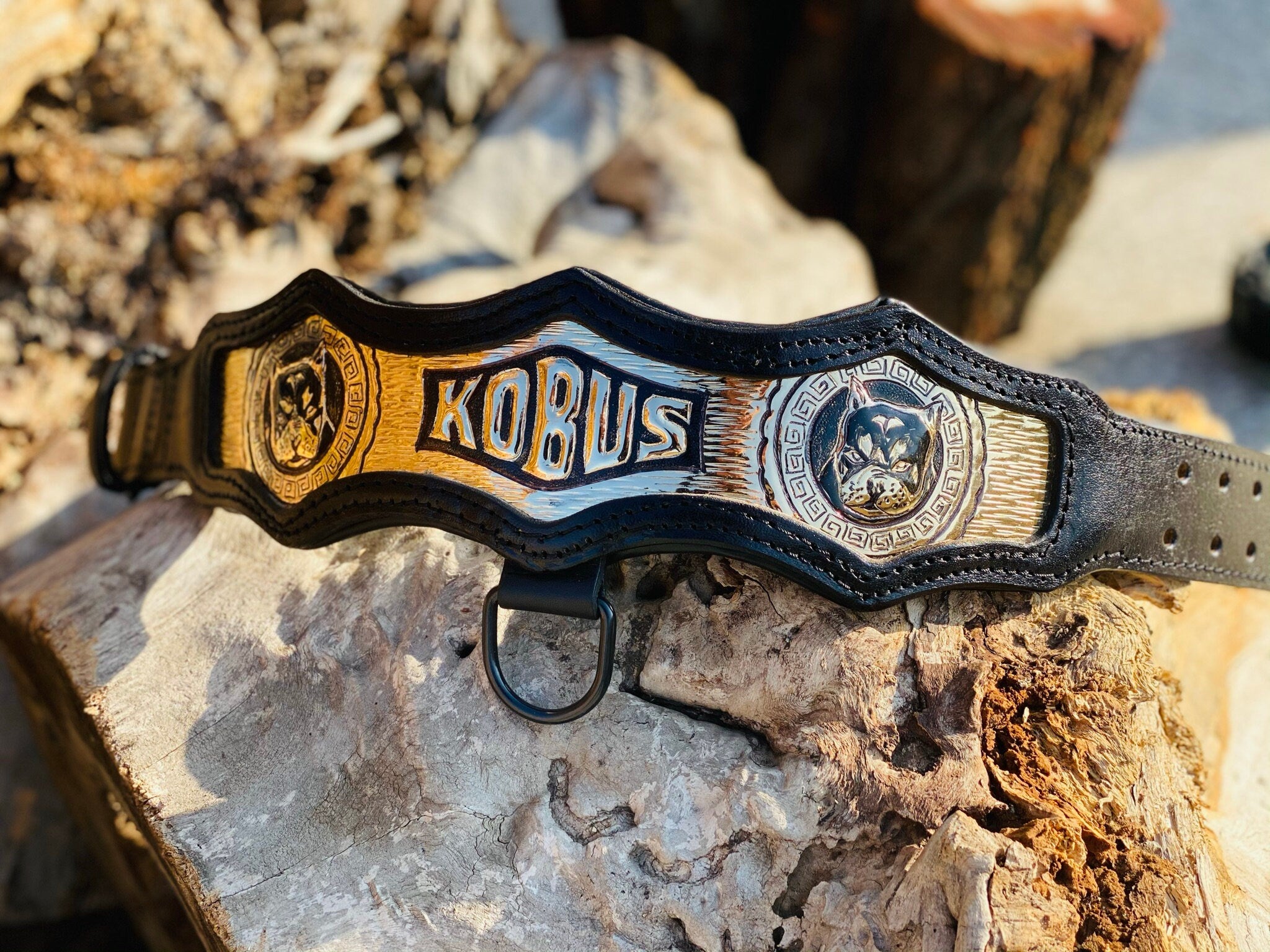 Custom Leather Dog Collar: Copper Inlay, Personalized Name, Mythic Design