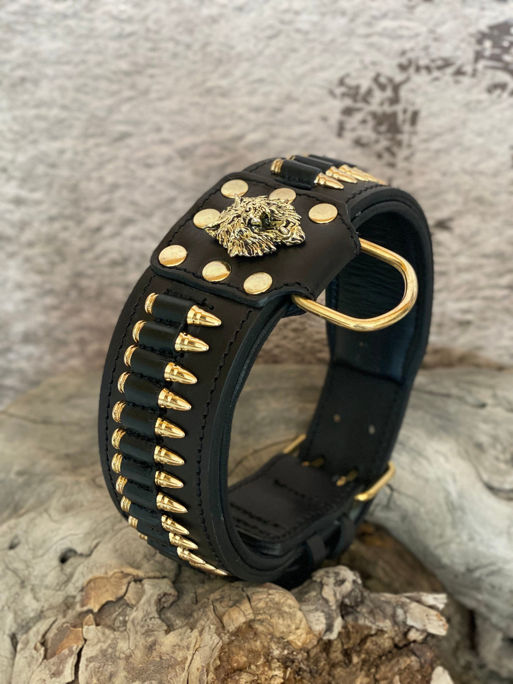 Handmade  Leather Dog Collar with Bullet Accents & Wolf Logo – Strength  Prestige for Large Breeds