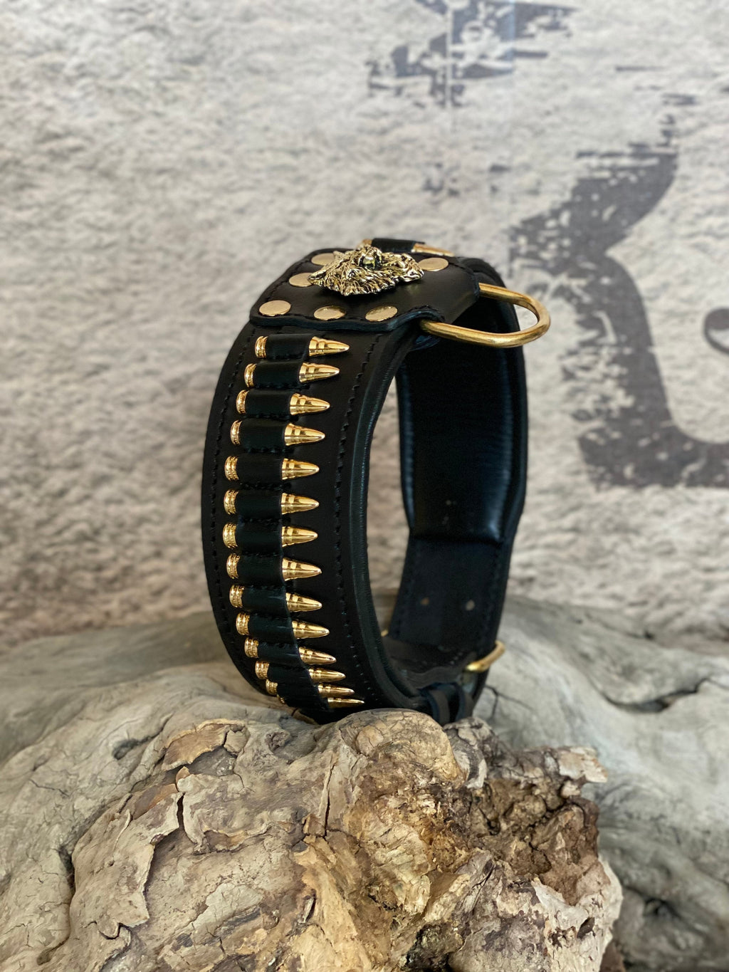 Handmade  Leather Dog Collar with Bullet Accents & Wolf Logo – Strength  Prestige for Large Breeds