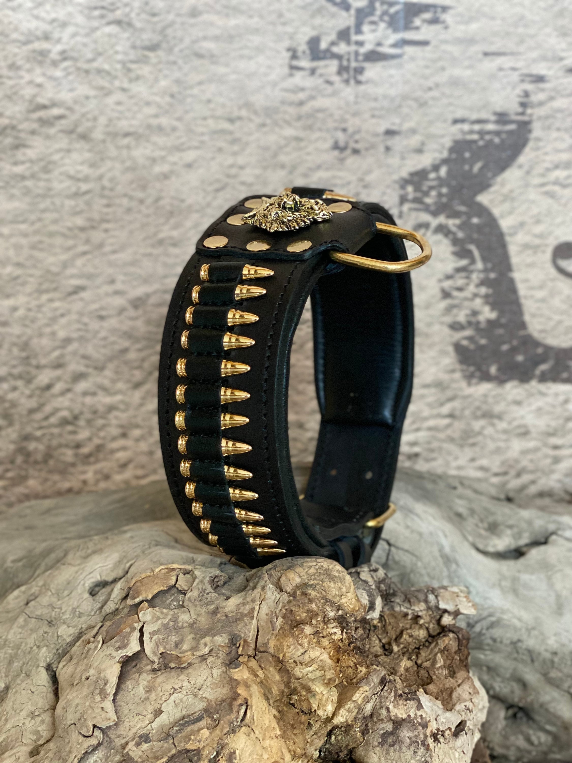 Handmade  Leather Dog Collar with Bullet Accents & Wolf Logo – Strength  Prestige for Large Breeds