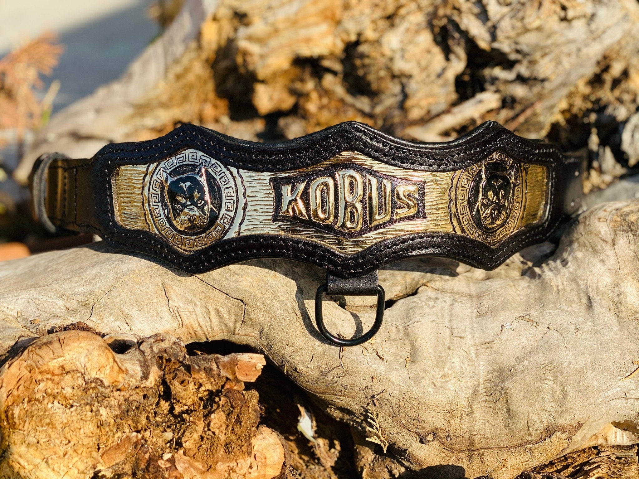 Custom Leather Dog Collar: Copper Inlay, Personalized Name, Mythic Design