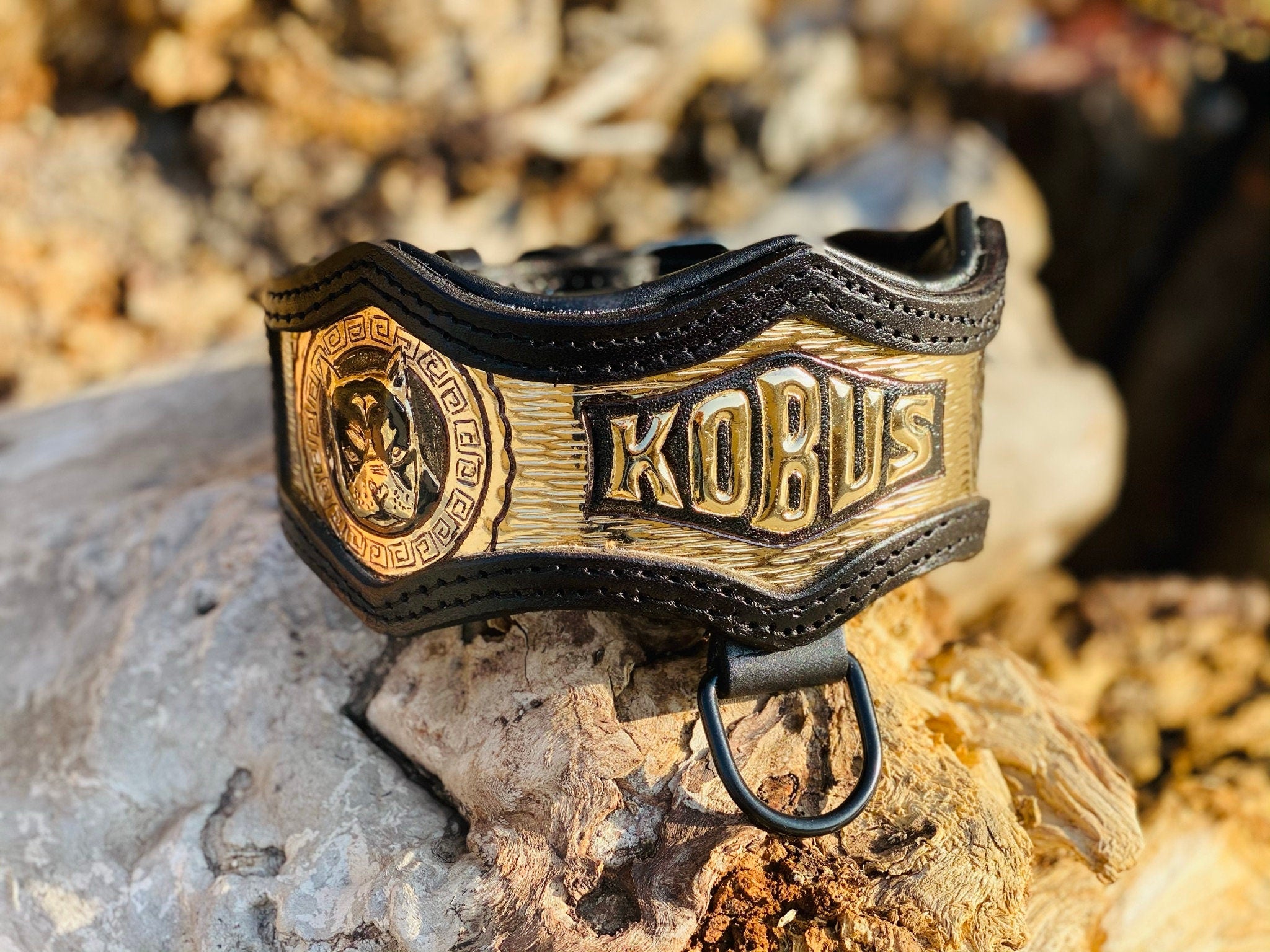 Custom Leather Dog Collar: Copper Inlay, Personalized Name, Mythic Design